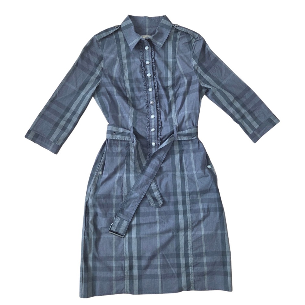Burberry Blue and Gray Plaid Long Sleeve Shirt Dress